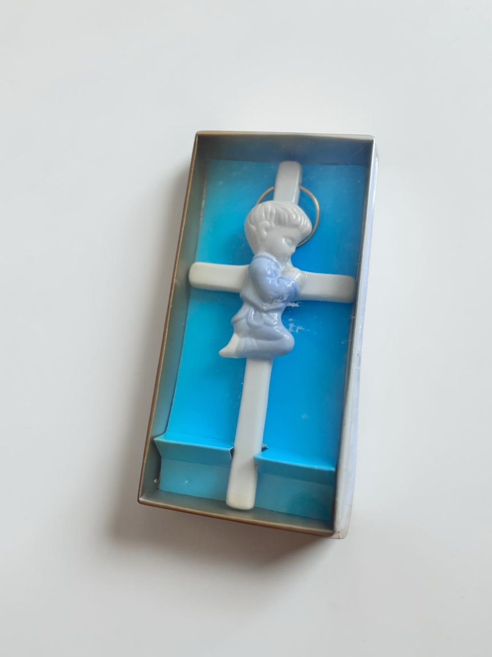 Vintage Ceramic Cross Praying Child Baptism Nursery Wall Decor